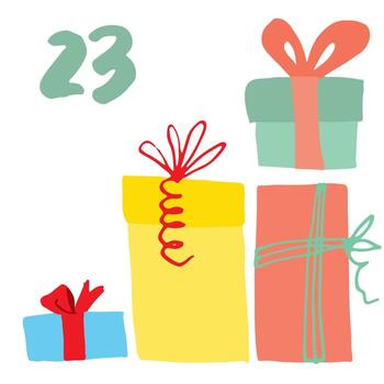 Christmas advent calendar card design A drawing of three presents with the number 23 vector
