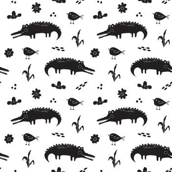 A pattern with crocodiles and birds on it vector