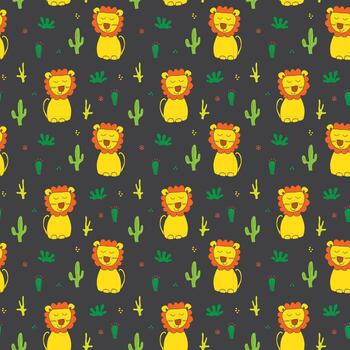 un león y cactus modelo en un gris antecedentes vector