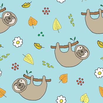 A seamless pattern with a sloth hanging on a branch on blue background vector