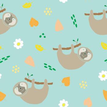 A seamless pattern, with a sloth hanging on a branch vector