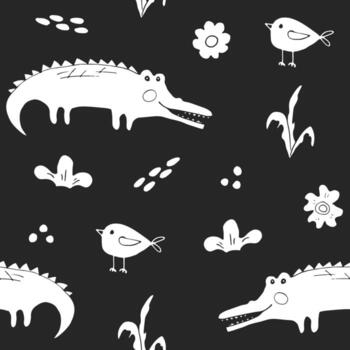 sin costura modelo con cocodrilos y aves en negro antecedentes vector