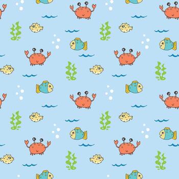Seamless pattern with crabs and fish on blue background vector