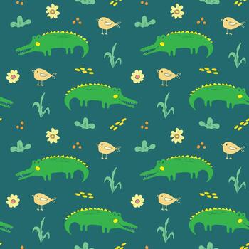 Seamless pattern with a crocodile and birds on a green background vector
