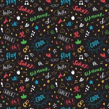 A black background Seamless pattern with colorful hand drawn letters and symbols vector