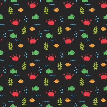 Seamless pattern with colorful crabs fish and seaweed on black vector