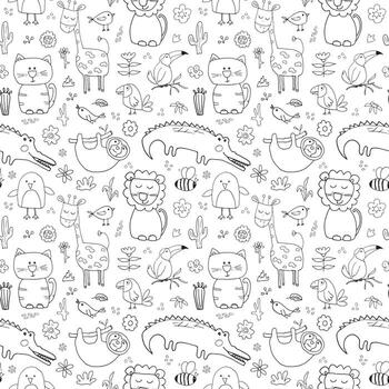 A seamless pattern with outline animals and plants on white background vector