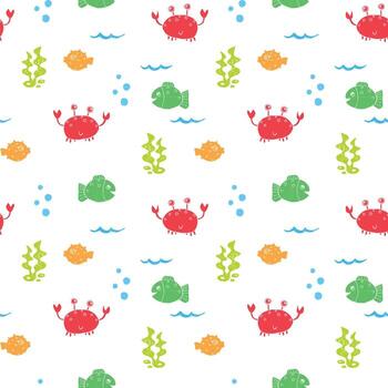 Seamless pattern with colorful crabs fish and seaweed on white vector