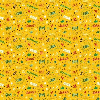 A yellow background seamless pattern with many different symbols and words vector