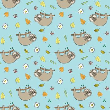 un sin costura patrón, con un perezoso colgando en un rama en azul antecedentes vector