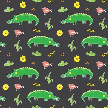 Crocodile and bird pattern on a dark background vector