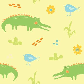 Seamless pattern with a crocodile and birds on a yellow background vector