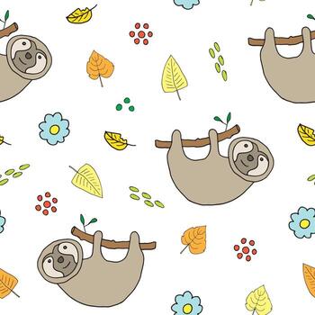 A seamless pattern with a sloth hanging on a branch vector