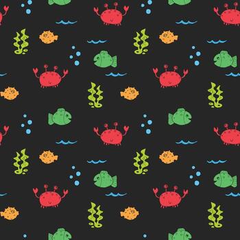 Seamless pattern with colorful crabs fish and seaweed on black background vector