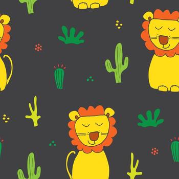 león y cactus sin costura modelo en un gris antecedentes vector