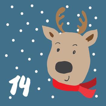 Christmas advent calendar card design A reindeer with a red scarf and a snowflake on it vector