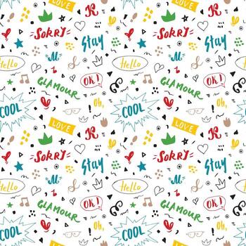 A seamless pattern with various words and symbols vector