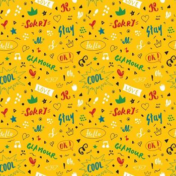 A yellow background with many different words and symbols seamless pattern vector