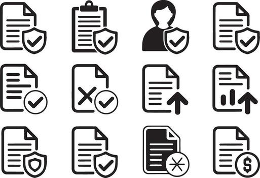 Document Security Silhouette Set with Shield and Tick Verification Protection vector