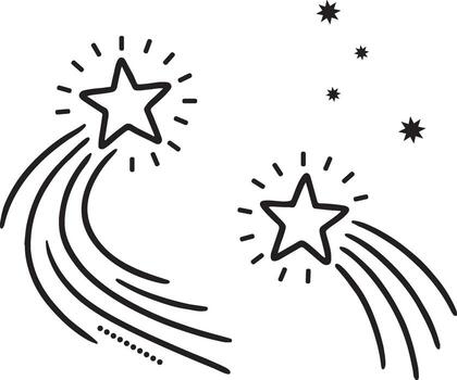 Whimsical hand drawn shooting stars with streaks and sparkles capturing celestial magic and cosmic wonder in a simple line art style vector
