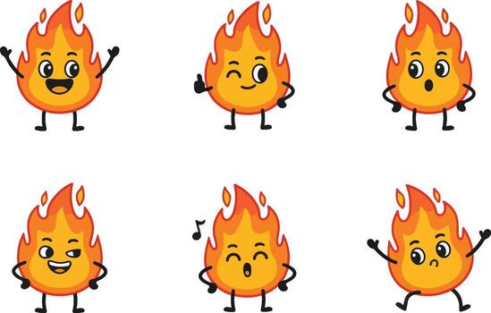Adorable set of cartoon flame characters with expressive faces and fun poses for various design projects vector