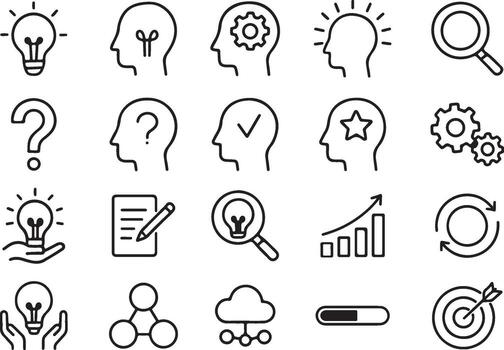 Collection of hand-drawn icons representing critical thinking innovation ideas problem solving and strategy development concepts vector