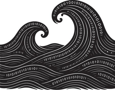 virtual Oceano olas minimalista silueta Arte fusionando naturaleza movimiento y binario digital fluir vector