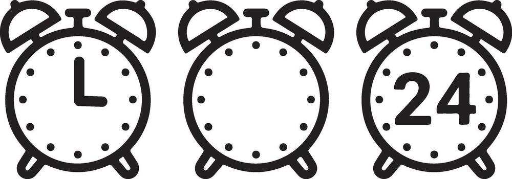 Alarm clock icons collection simple outline design representing time schedule planning alerts and 24 hour service vector