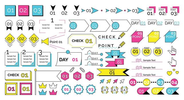 Number bullet point set. This illustration includes arrows, ornaments, frames, ribbons and lots of simple design elements. Colorful version vector