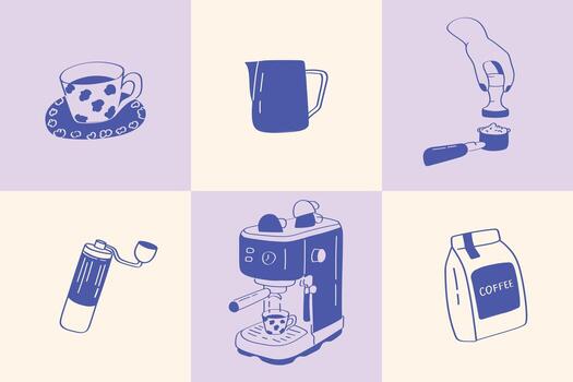 Simple hand-drawn icons set with espresso machine and accessories for coffee menu, web, or packaging. vector