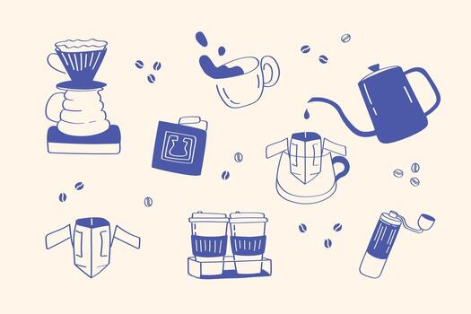 Pour over coffee and espresso brewing elements set for web and print. Modern elements featuring espresso and V60 pour-over tools ideal for web banners, blogs, and cafe materials. vector