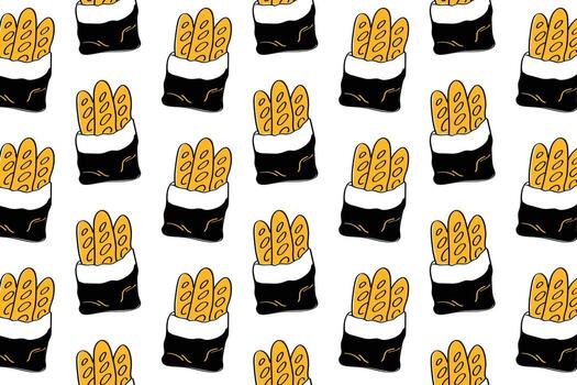 Baguette and Bakery Illustration Pattern for Branding, Wrapping, and Menu Design. Rustic pattern of baguettes and bread loaves in doodle style. Perfect for restaurant packaging, branding, and textile vector