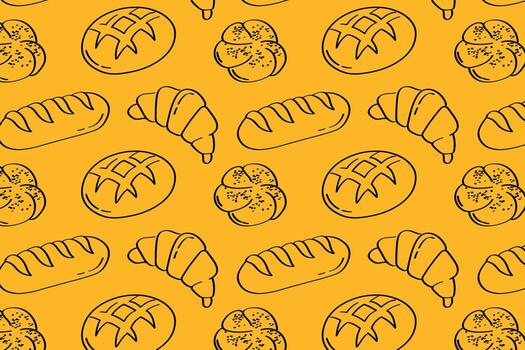 Bakery Icons Doodle Pattern for Menu, Packaging, and Branding Projects. Collection of cute doodle bakery icons bread, croissants, muffins. Perfect for cafe menu, wrapping paper, and textile prints. vector