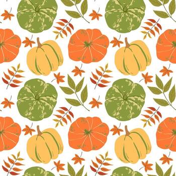Colorful pumpkins and leaves pattern vector