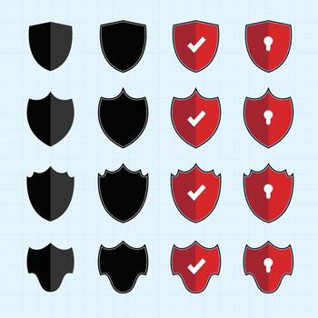 Shield check mark logo icon set. Safety icon set. Collection of Blank Shield Shape on cross soft blue background vector