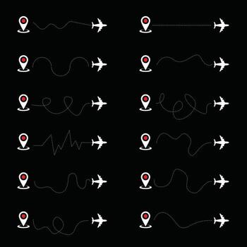 Airplane dotted route line set. Path travel line shapes. Flight route with start point and dash line trace for plane illustration vector