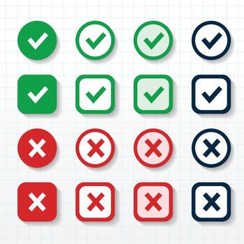 Simple Right or wrong icons. Green tick and red cross checkmarks. Yes or no symbol, approved or rejected icon for user interface vector