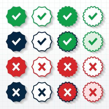 Simple Right or wrong icons. Green tick and red cross checkmarks. Yes or no symbol, approved or rejected icon for user interface illustration vector