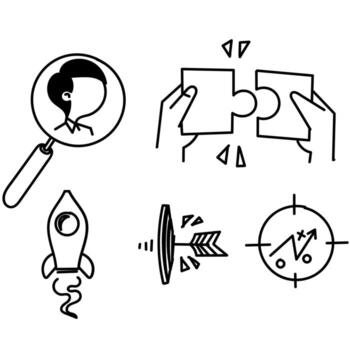 a set of icons that include a rocket, a magnifying glass, and a hand vector