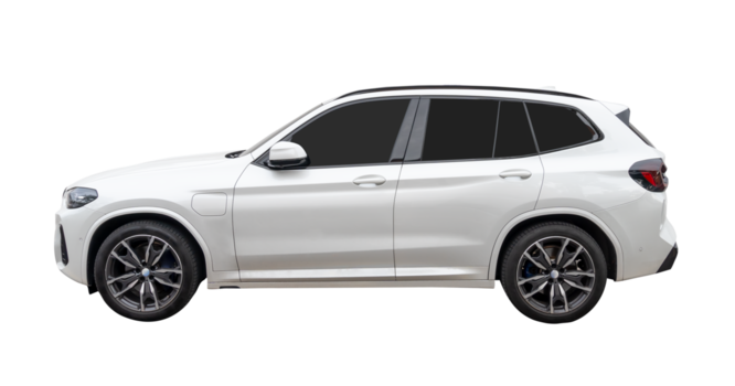 White mini hatchback car with left side view isolated with clipping path in file format png