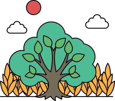 un árbol con hojas es mostrado en un campo con un nublado cielo vector