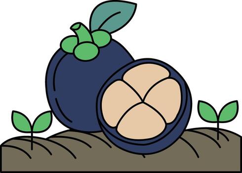 A drawing of a fruit with a leaf on top and a slice of it on the ground vector