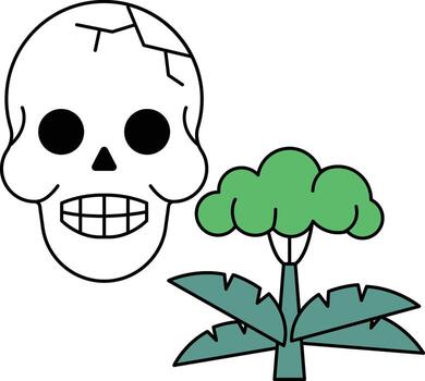 un cráneo es dibujado con un sonrisa en sus cara y un árbol es dibujado en el antecedentes vector