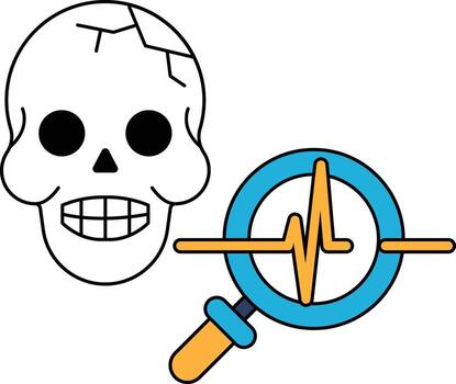 A skull with a broken jaw and a magnifying glass over it vector