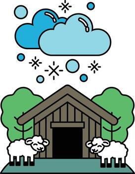 A black and white drawing of a house with two sheep in front of it vector