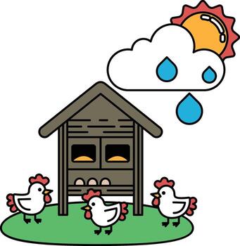 A black and white drawing of a chicken coop with three chickens and a cloudy sky vector