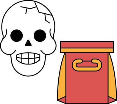A skull is smiling and has its mouth open, while a bag is next to it vector