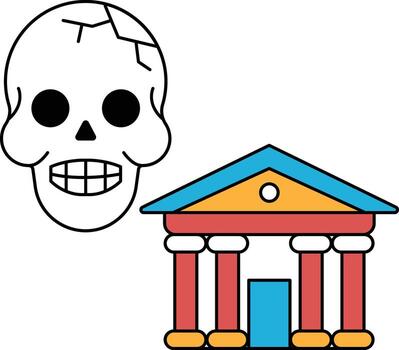un cráneo es dibujado siguiente a un edificio con columnas vector