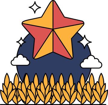 A star is drawn in the center of a field with clouds in the background vector