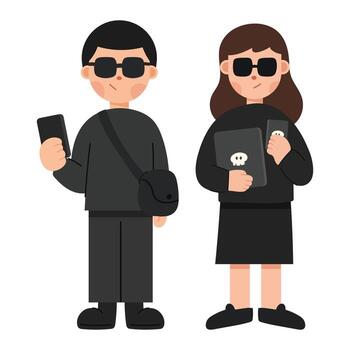Flat cartoon illustration of male and female scammers using computers. Cybercrime, online fraud, and internet security concept in modern flat design style. vector